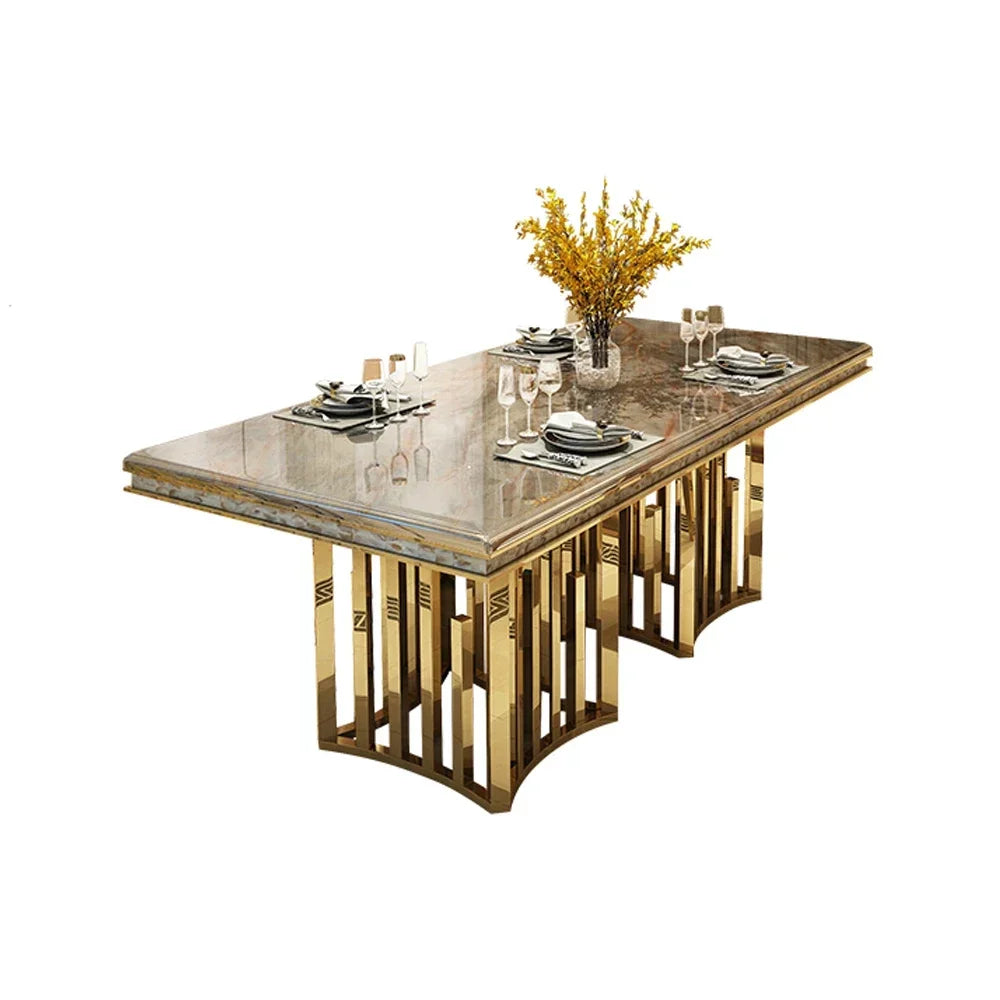 ensemble salle manger moderne chaises hautes table marbre veiné cadre métal doré minimaliste
