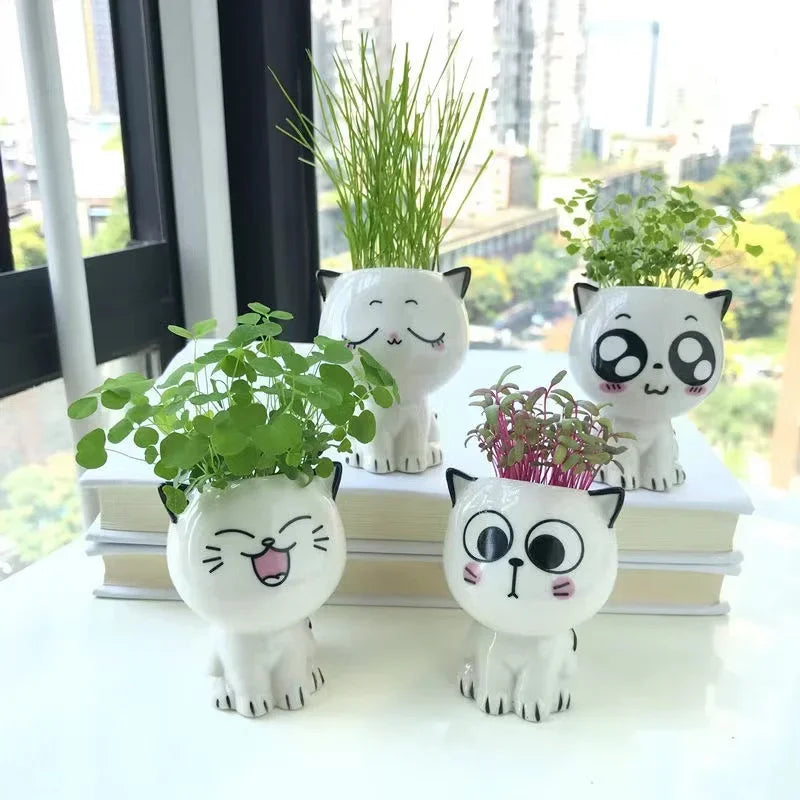vase céramique glacé cartoon chat sourire plante décoration diy blanc erotique