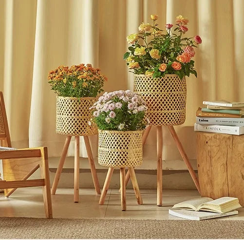 support plante tressé bois rustique conteneur fleur balcon salon naturel