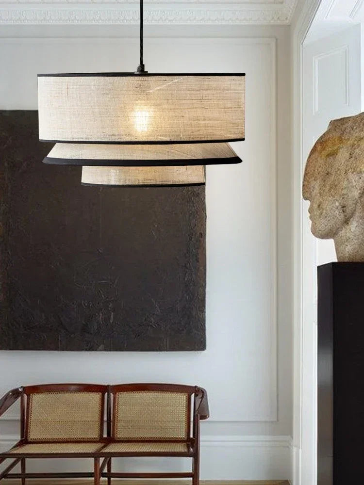 lumière suspendue tissu beige clair texture moderne opacité câble blanc chambre salon