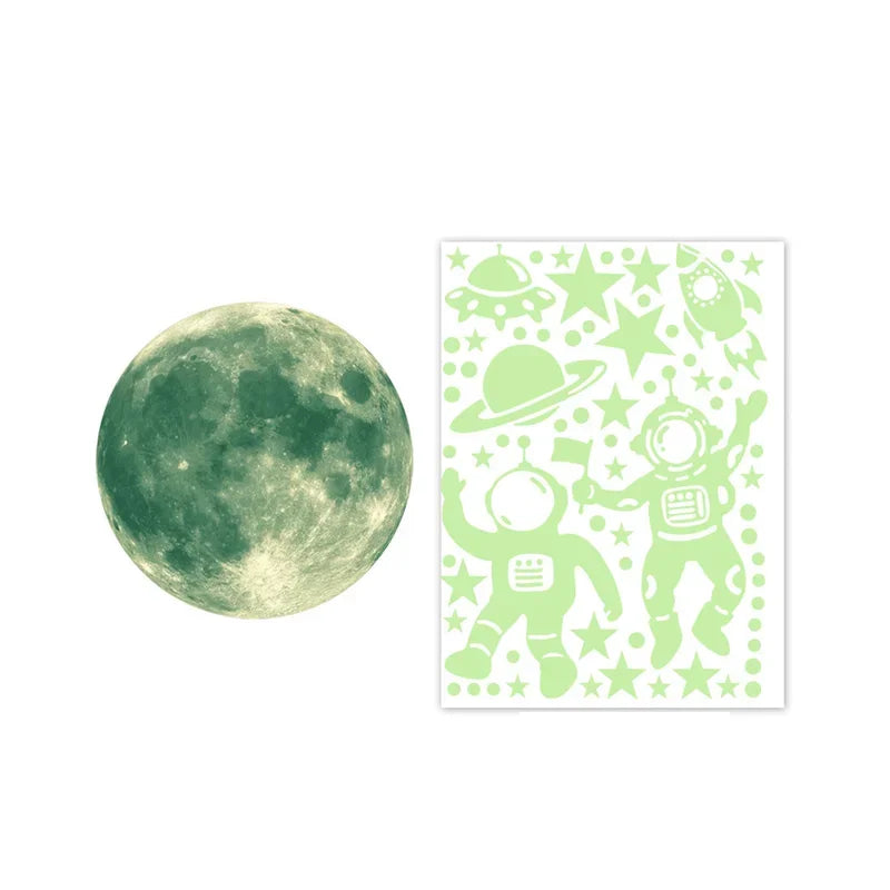stickers muraux lumineux astronautes planètes étoiles cristaux cerf adhésifs vert fluo décoration chambre enfants