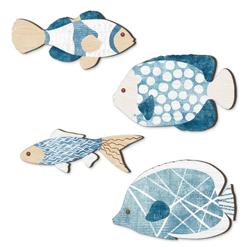 plaque décorative poisson bleu blanc artisanal marine points géométriques fixation triangle