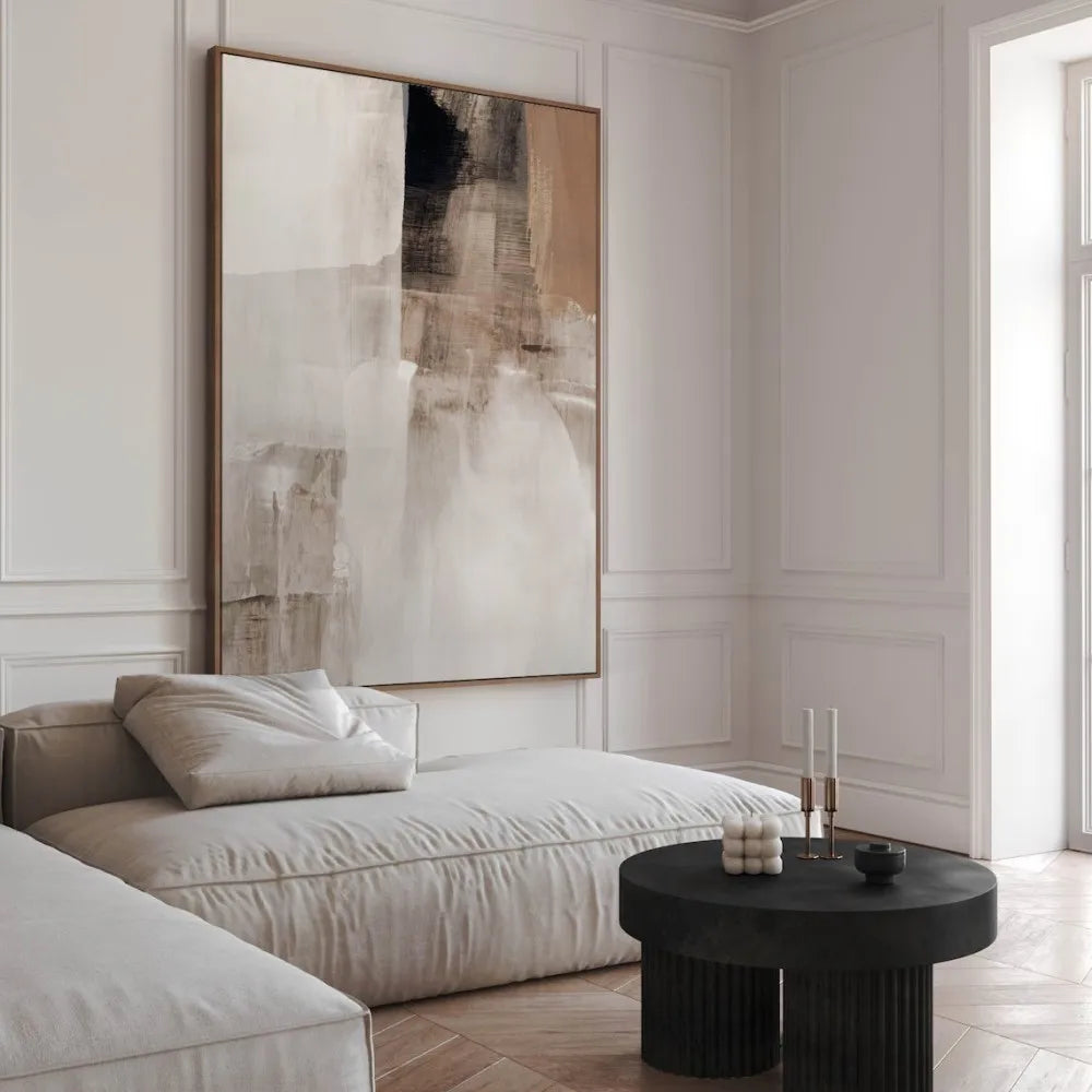 tableau abstrait contemporain toile blanc beige noir textures variées sans cadre decoration murale chambre