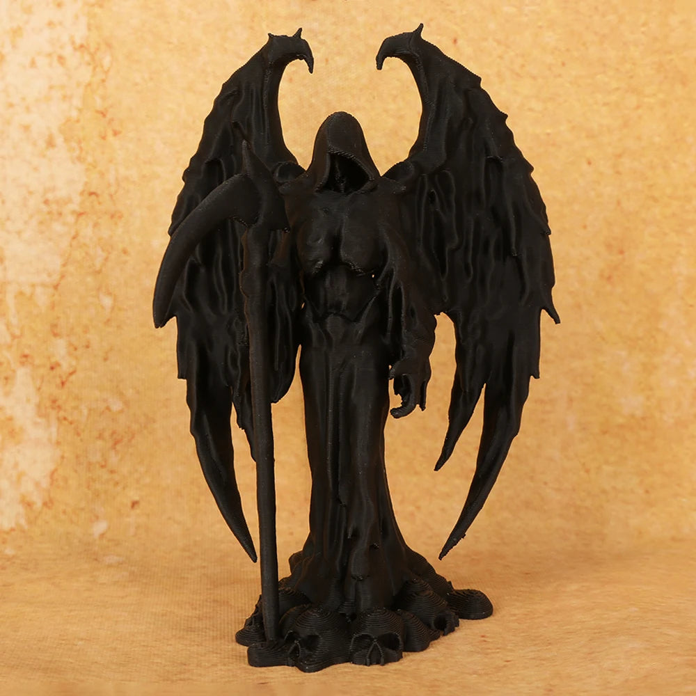 statue faucheuse noire ailes crâne gothique macabre fantôme faux décoration fantasia obscurité sculptée details