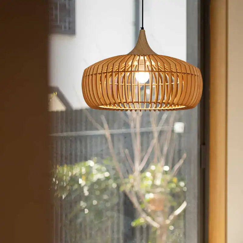 lampe suspendue moderne marron clair rayures horizontales câble noir ajustable salon chambre