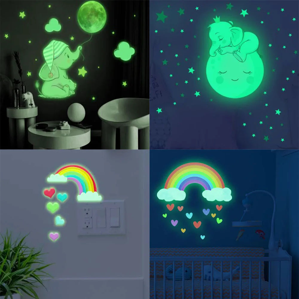 stickers muraux décoratifs enfants nuages lune étoiles arc ciel cœurs phosphorescents opaques animateurs