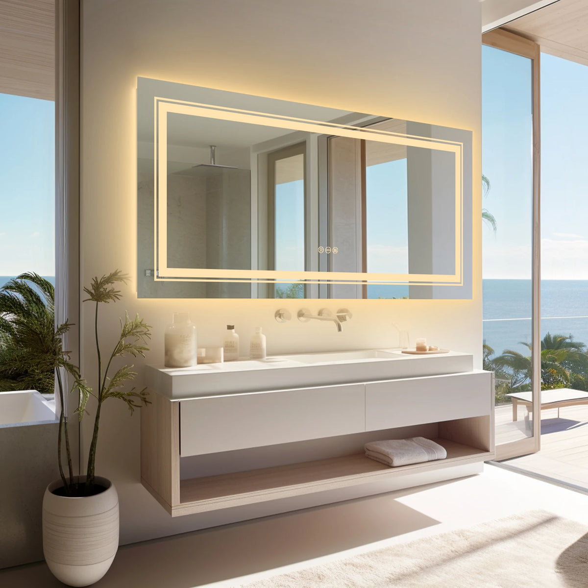 miroir salle bain rectangulaire lumineux led antibuée mural moderne grand sans cadre blanc