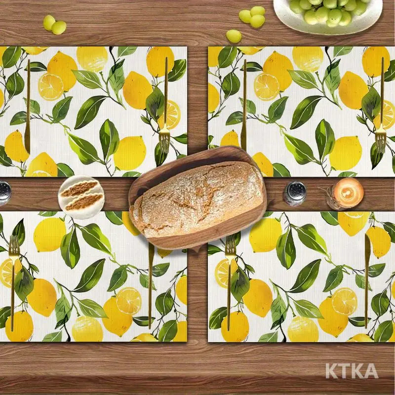 serviettes table blanc jaune automne citrons feuilles vertes fond blanc texture matDecoratorHomeUseSetOf4
