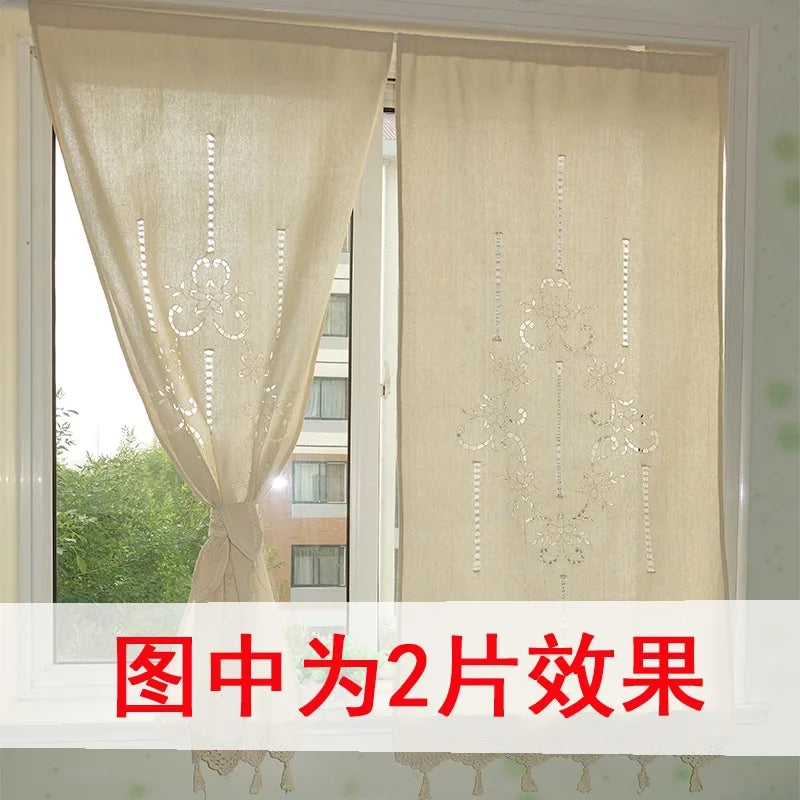 rideaux fenêtre lin beige floral semi transparent rustique franges domestique pastorale