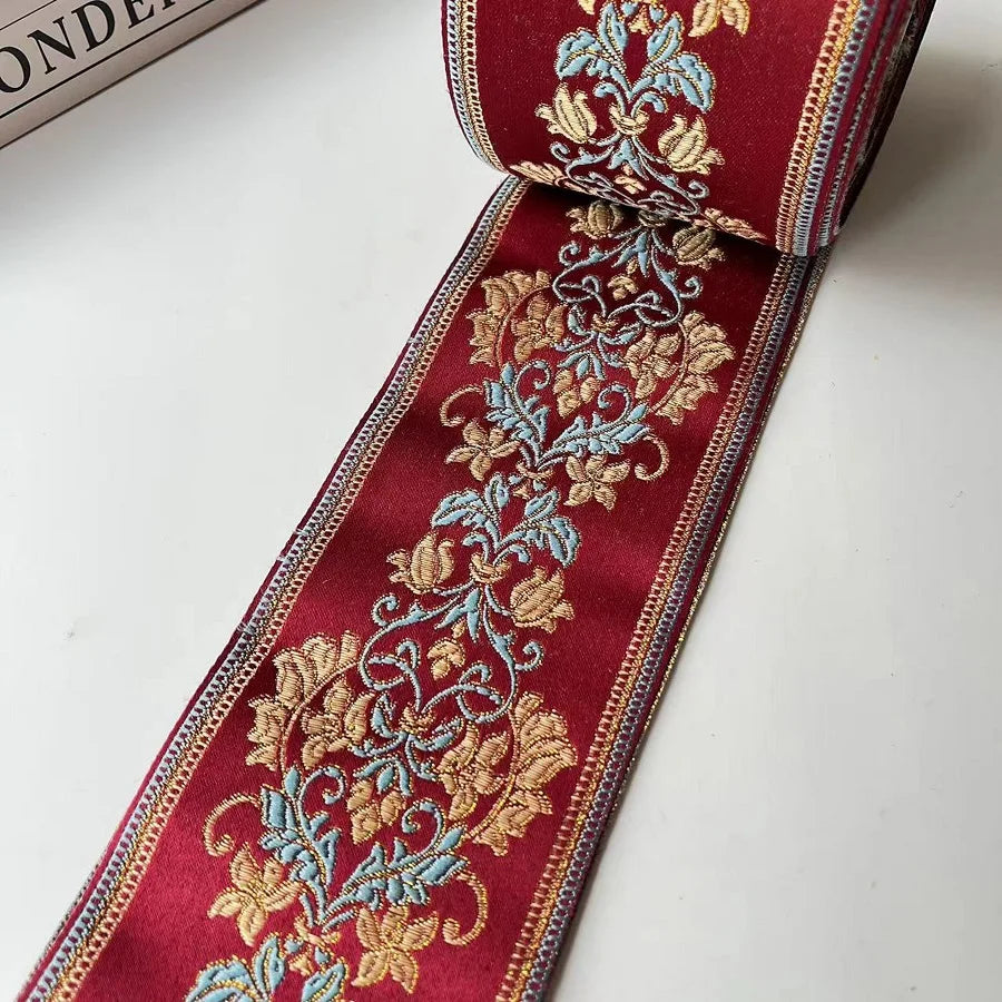 ruban brodé fleurs polyester largeur 9cm beige marron rouge vert élégant classique opaque