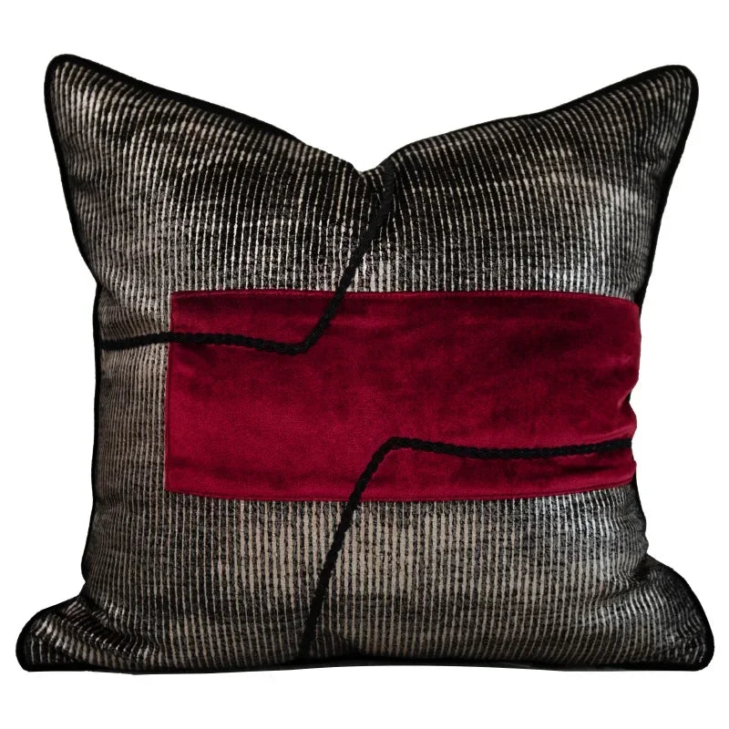 housse coussin moderne imprimé gris noir rouge peluche tissage carré décoration voiture salon chambre