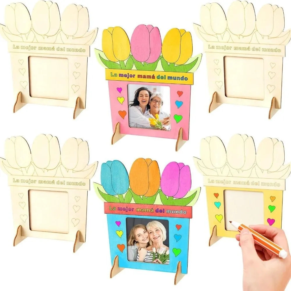 Cadre photo bois naturel fleurs stylisées coeurs texte mère enfantin décoratif colorier DIY