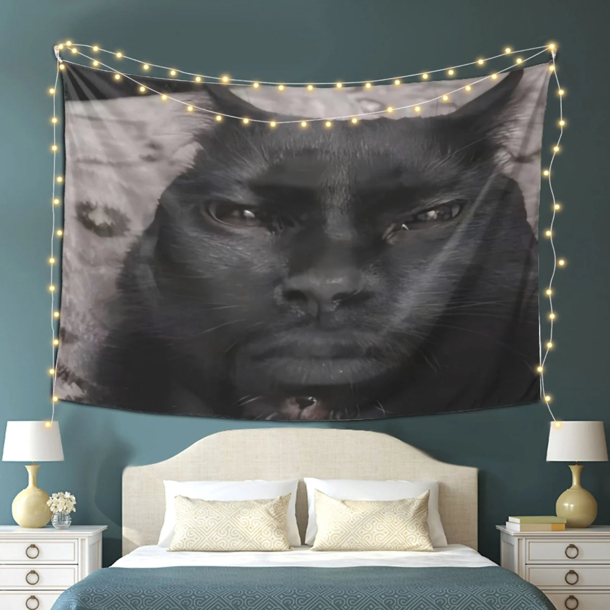tapisserie moderne visage chat noir fond blanc personnalisée salon chambre entrée