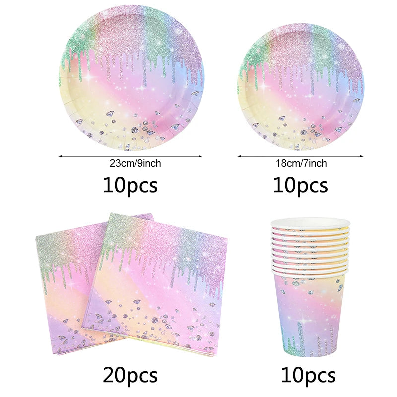 vaisselle jetable fête anniversaire moderne multicolore pailletée assiettes tasses serviettes pailles bannière happy birthday