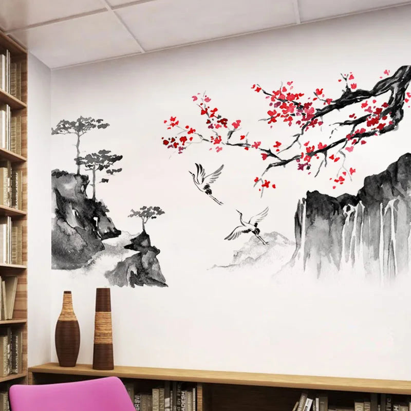 décoration murale sticker paysage japonais grue fleur cerisier aquarelle minimaliste art asiatique