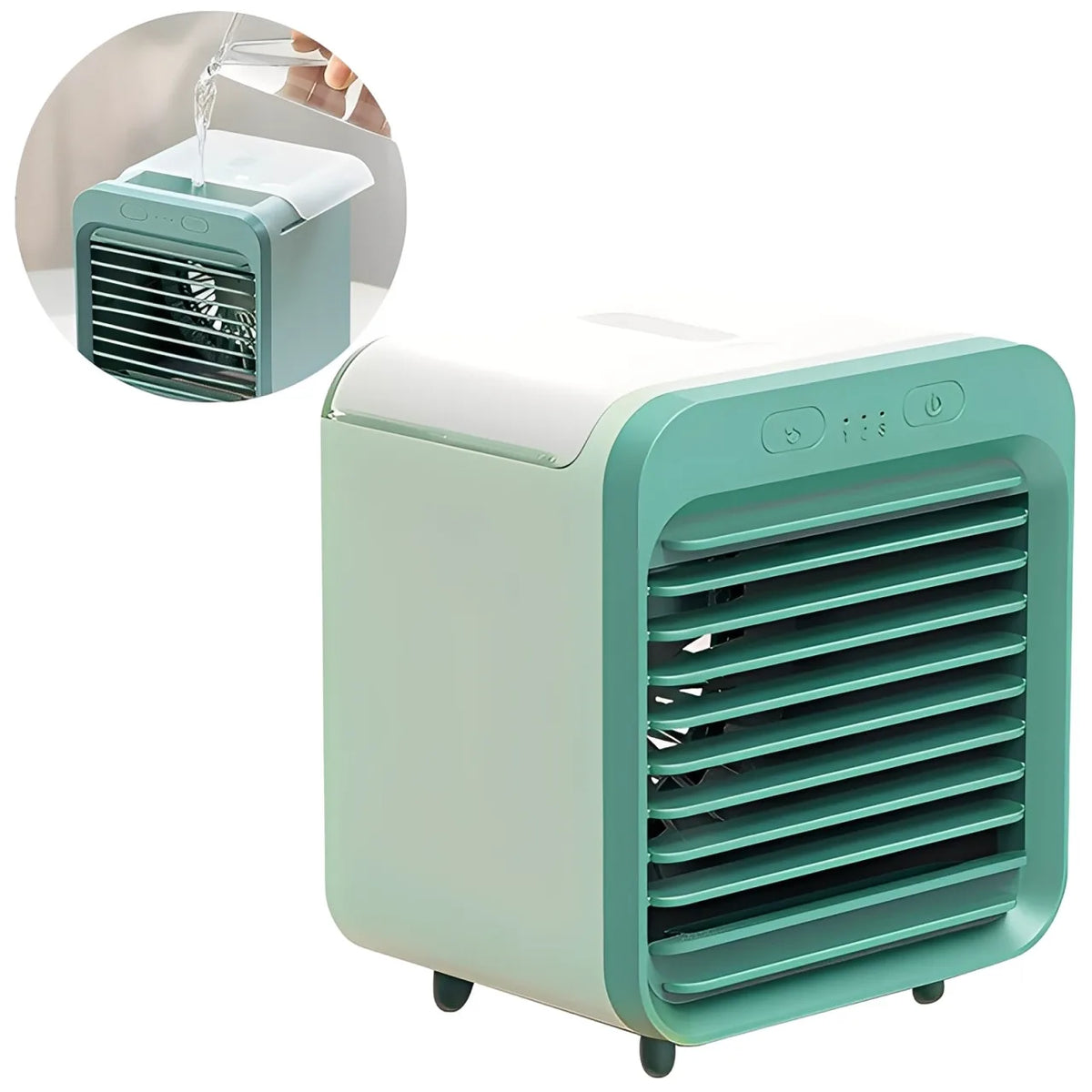 ventilateur portable moderne vert clair émettant air visible pastèque pamplemousse assise blanche minimaliste airflow