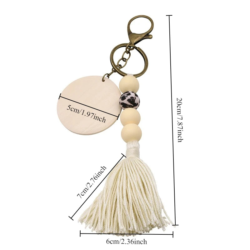 porte clés boho chic rondes frange bois blanc gris beige marronclair