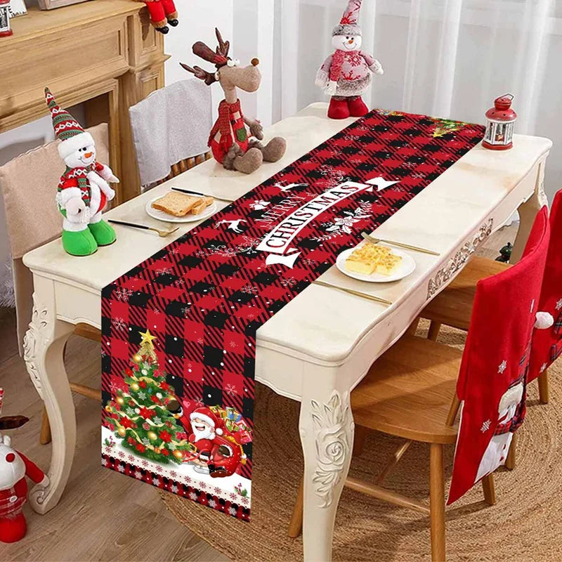 changement saison décoration noël chemin table flocons neige santa clause forêt cerfs motifs géométriques