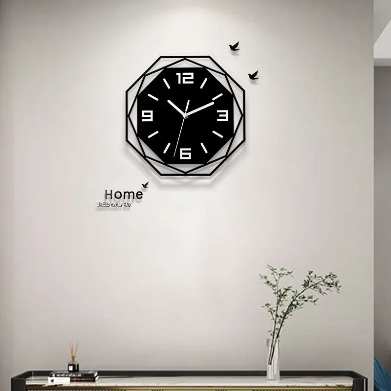 horloge murale géométrique moderne minimaliste octogonale aiguille quartz noire blanche grisclair