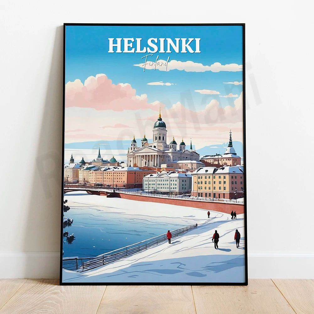 Affiche publicitaire colorée représentant l'horizon enneigé de la ville de Helsinki, en Finlande, avec des bâtiments historiques et des silhouettes de personnes marchant sur un chemin le long de la rivière.