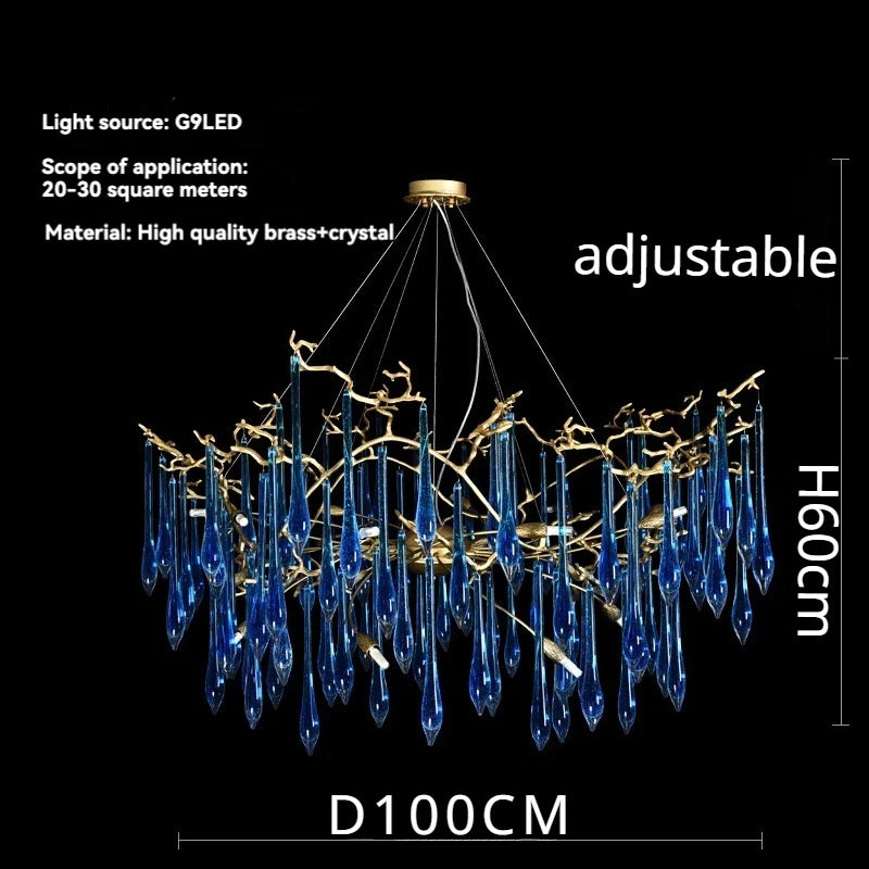 lustre contemporain élégant gouttes cristal bleu doré opalescent led salon chambre