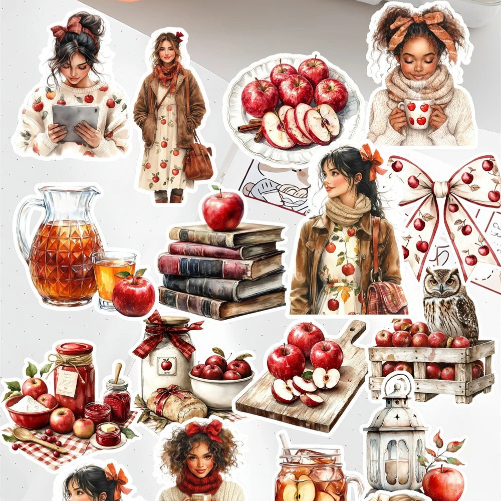 stickers decoratifs aquarelle personnes pommes livres nourriture chouette rubans bougies fauteuil automnal cozy cottagecore