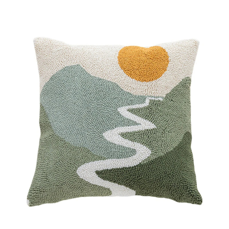 taie d'oreiller géométrique abstraite brodée vert beige boho chic coussin tufté 45x45cm motifs linéaires