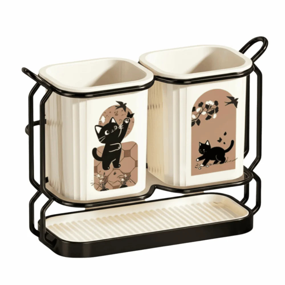 organisateur vaisselle moderne noir blanc chats dessins assiettes cuillères fourchettes poignées métalliques minimaliste