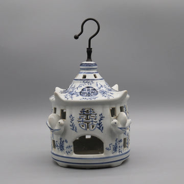 cage oiseaux céramique bleu jaune fleurs poissons symboles chinois artisanat traditionnel deco intérieure