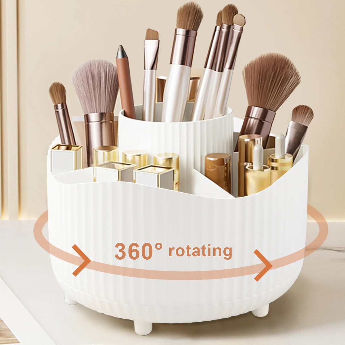 boîte rangement rotative blanc rayures verticales moderne pieds non slip compartiments pinceaux maquillage produits