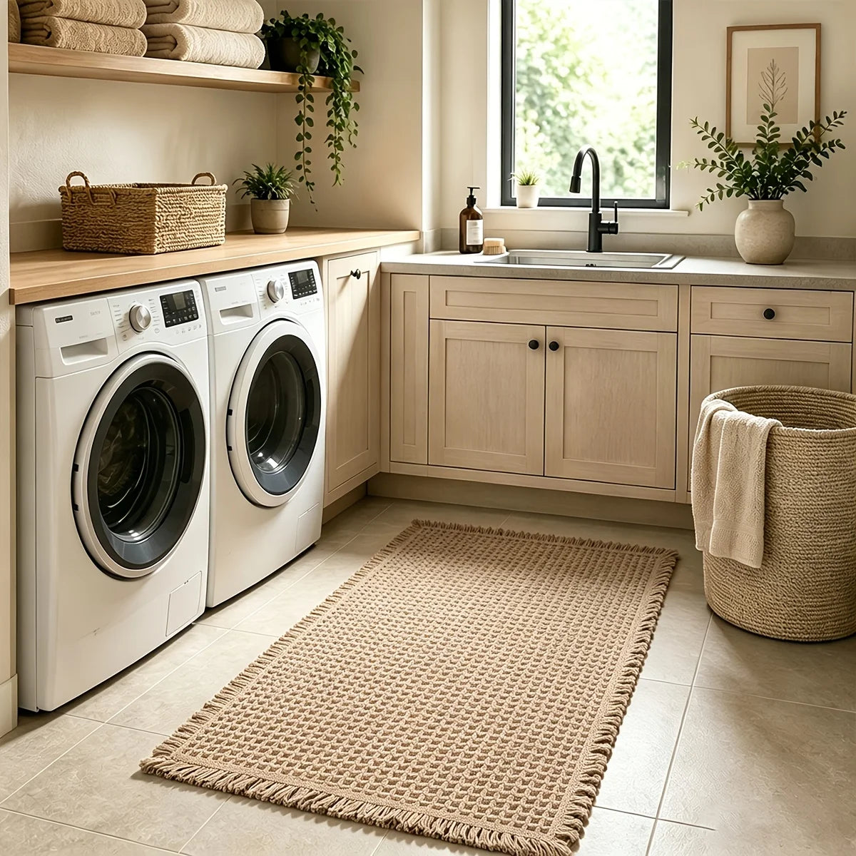 tapis moderne rustique texture carreaux beige clair antidérapant polyester tressé salon bain extérieur