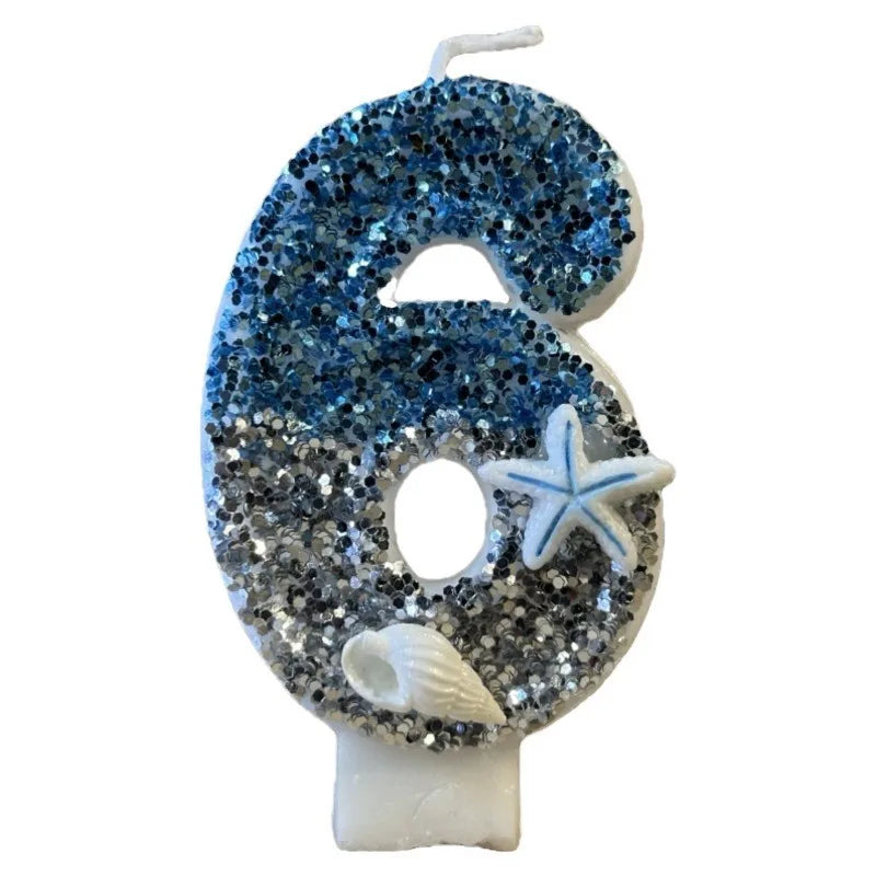 décoration gâteau sirène océan bougie chiffre paillettes étoiles mer coquillage thème marin blanc bleu