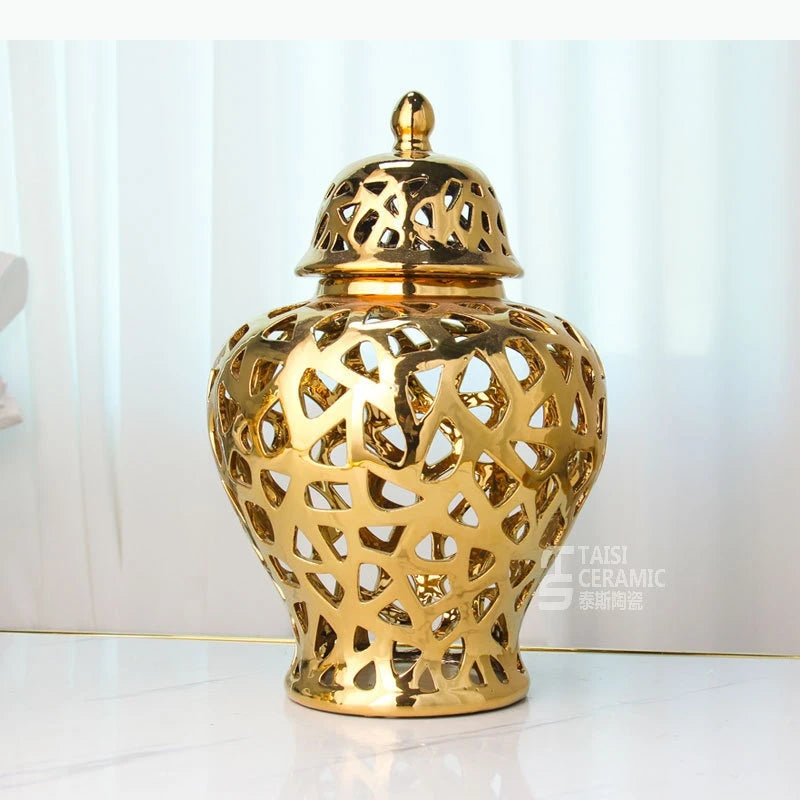 vase moderne or blanc argent réseau géométrique élégant poignée couvercle