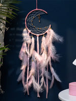 attrape rêves plumes lune boho rose bleu blanc décoratif chambre fil suspendu