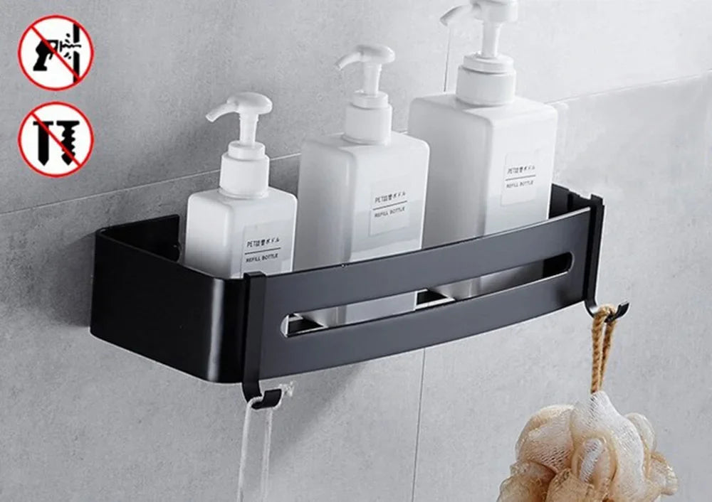 étagère angle moderne noire blanche or adhésive réutilisable salle bain douche trois niveaux fixations