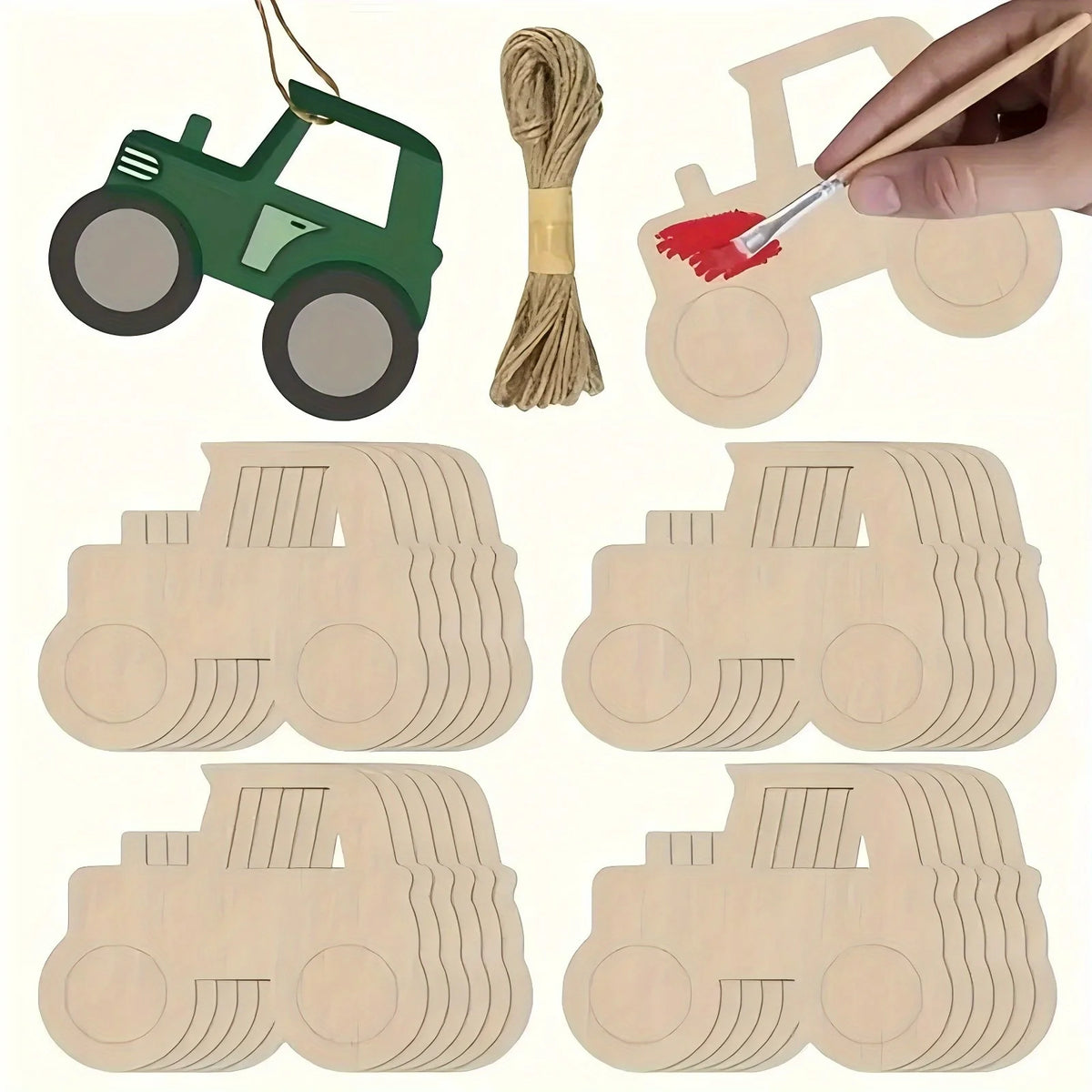 découpe bois miniatures tracteurs vert rose violet beige suspension diy artisanal minimaliste enfantin