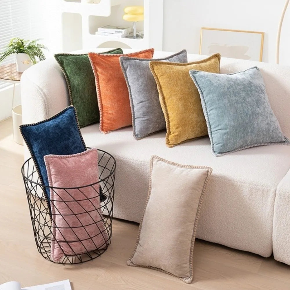 taies d'oreiller velours côtelé couleurs unies chic bordures décoratives polyester dimensions 30x50cm 45x45cm