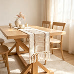 chemin table rustique beige franges tissé décoration intérieure cuisine salon ferme