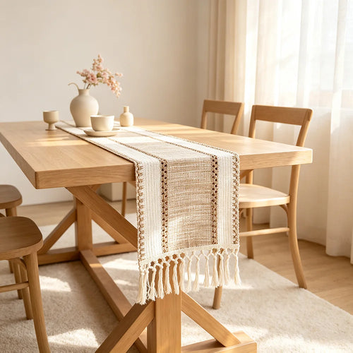 chemin table rustique beige franges tissé décoration intérieure cuisine salon ferme