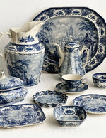 service thé céramique blanc bleu toile jouy poignées théière caféière soupière tasses