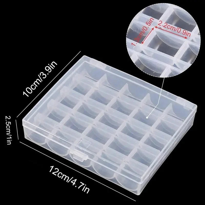 boîte rangement bobines fil transparente 25 compartiments clips pratiques organisation atelier couture