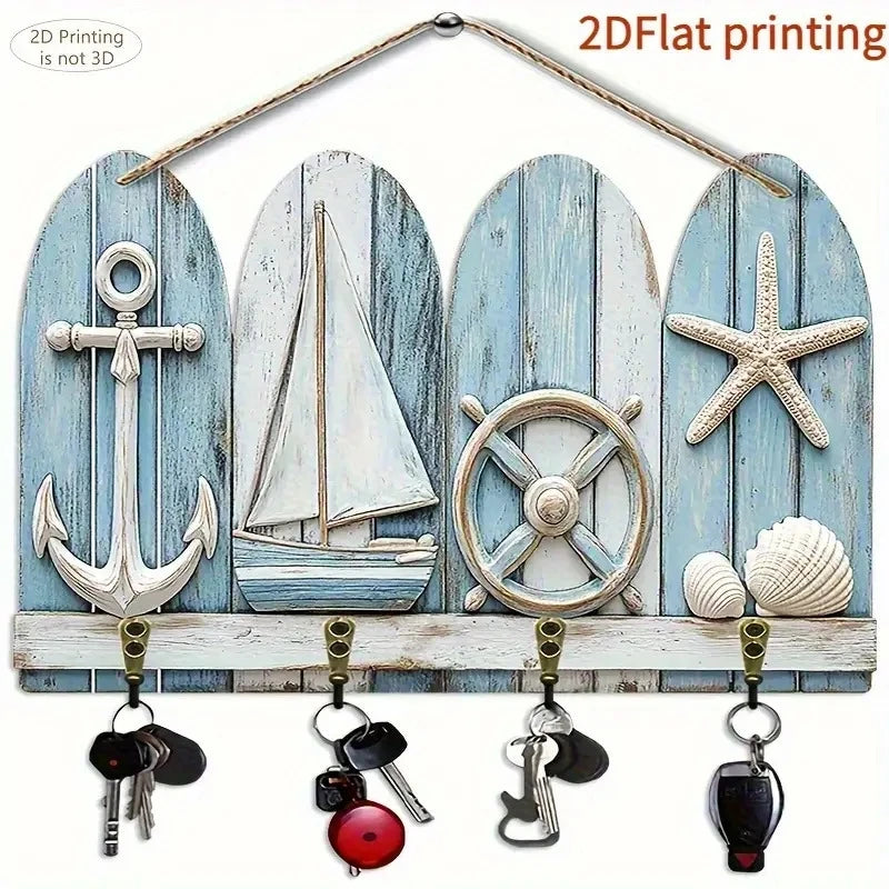 porte clés mural surf décoration intérieure palmiers vagues ancres motifs bois texturé bleu orange