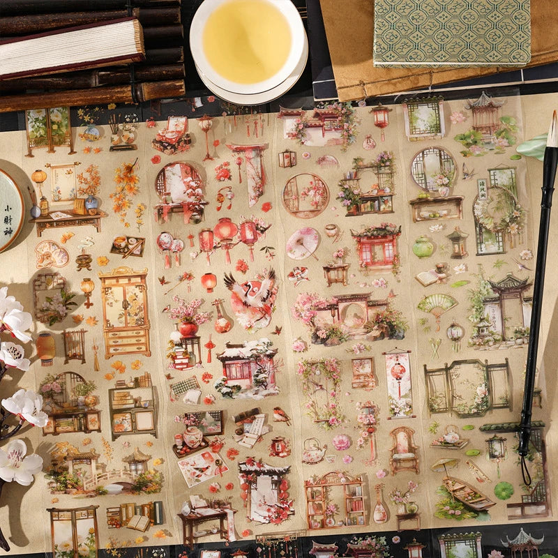 ruban decoratif transparent vintage chinois pavillons lanternes fleurs scrapbooking album photo rouleau materiau pet