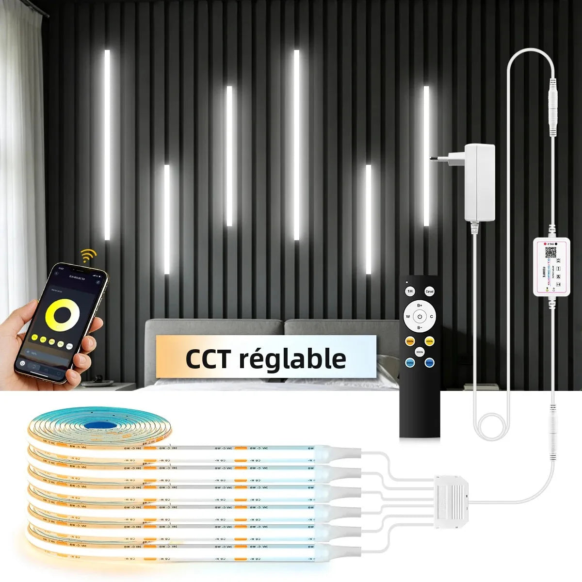 bande lumineuse cob cct adhésive blanc moderne télécommande bluetooth contrôleur adaptateur secteur 3500k 6000k