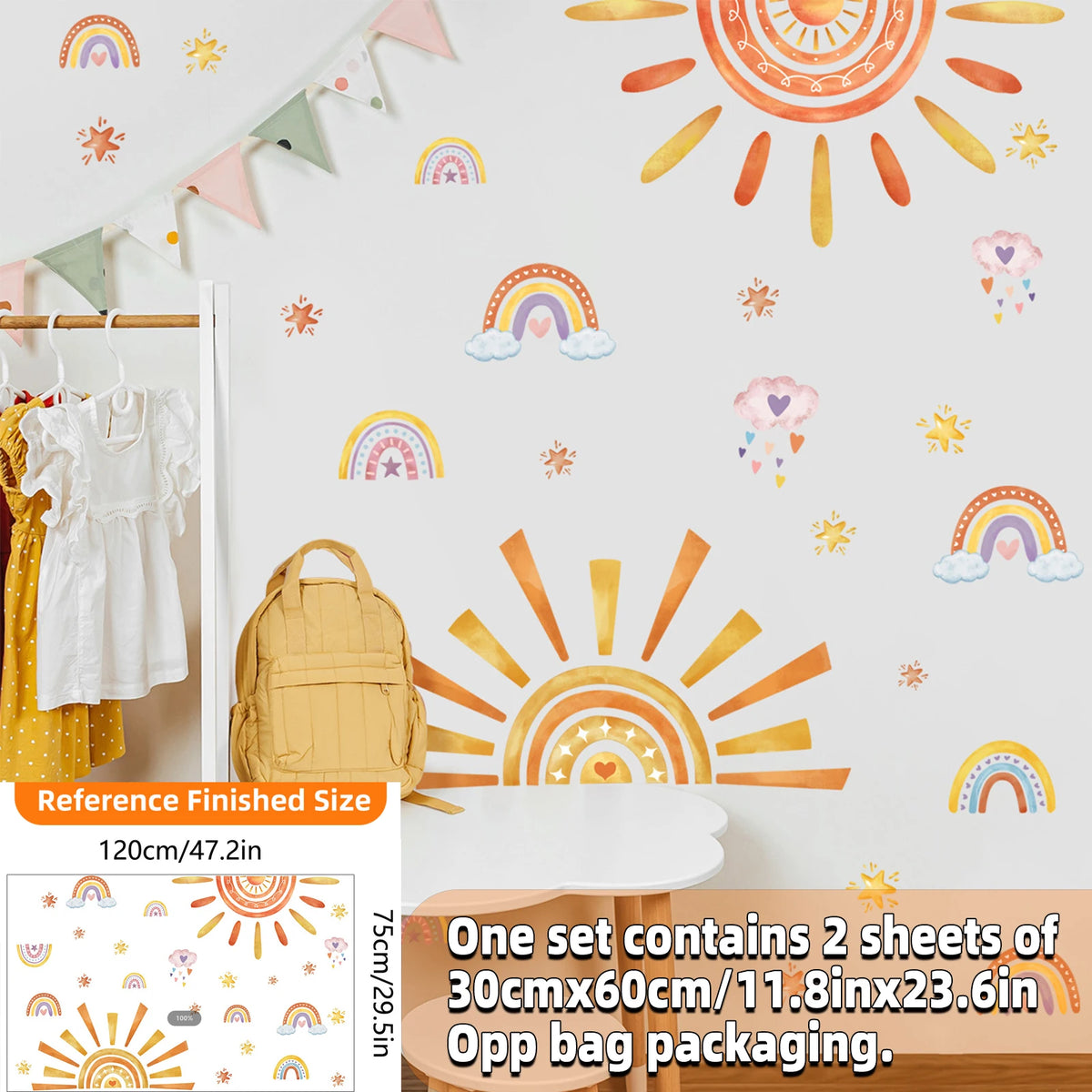 stickers muraux dessin animé soleil souriant arc ciel enfant chambre salon decoration murale jaune