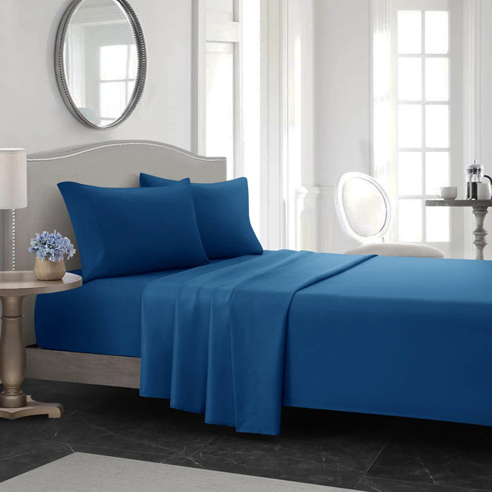 ensemble draps bleu marine profond tissage serré doux moderne minimaliste pièces drap housse plat