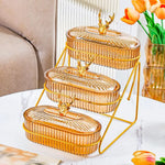 assiettes fruits divisées transparentes rayures horizontales moderne élégant couvercle support métallique doré