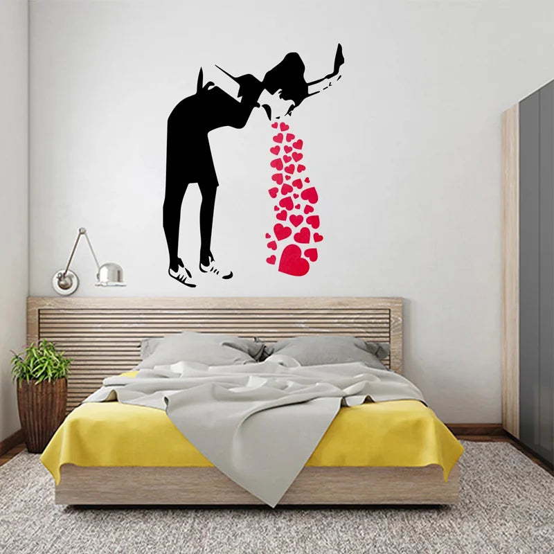 sticker mural moderne silhouette personne téléphone coeurs rouges noir autocollant vinyle waterproof removable