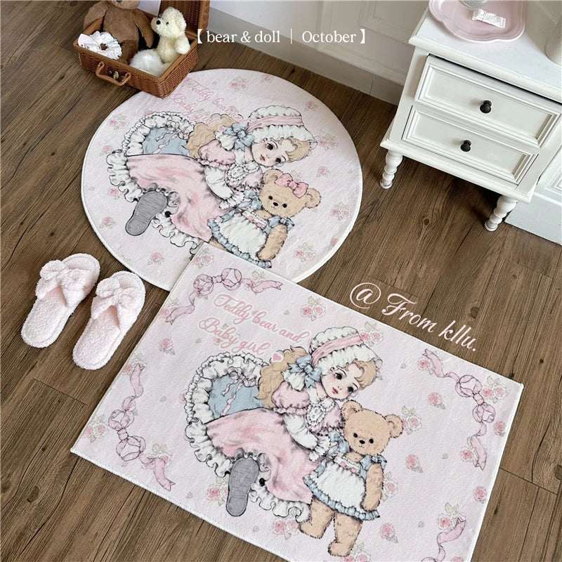 tapis doux polyester dessin animé fille ours roses rubans chambre bébé intérieur extérieur voyage
