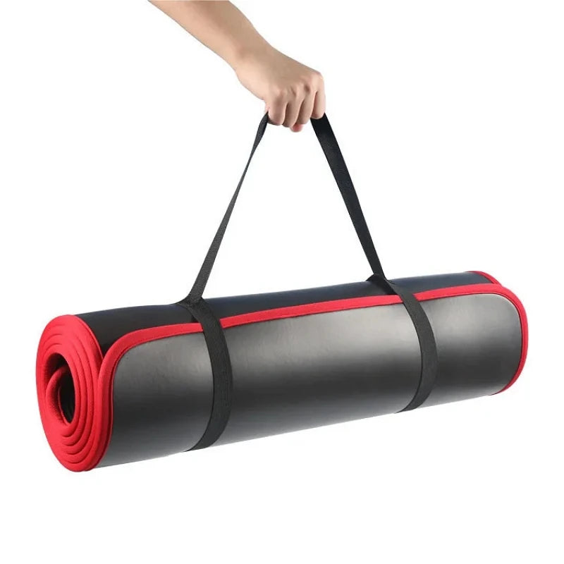 tapis yoga épais 10mm antidérapant absorbant sueur poignée moderne noir rouge rayures horizontales
